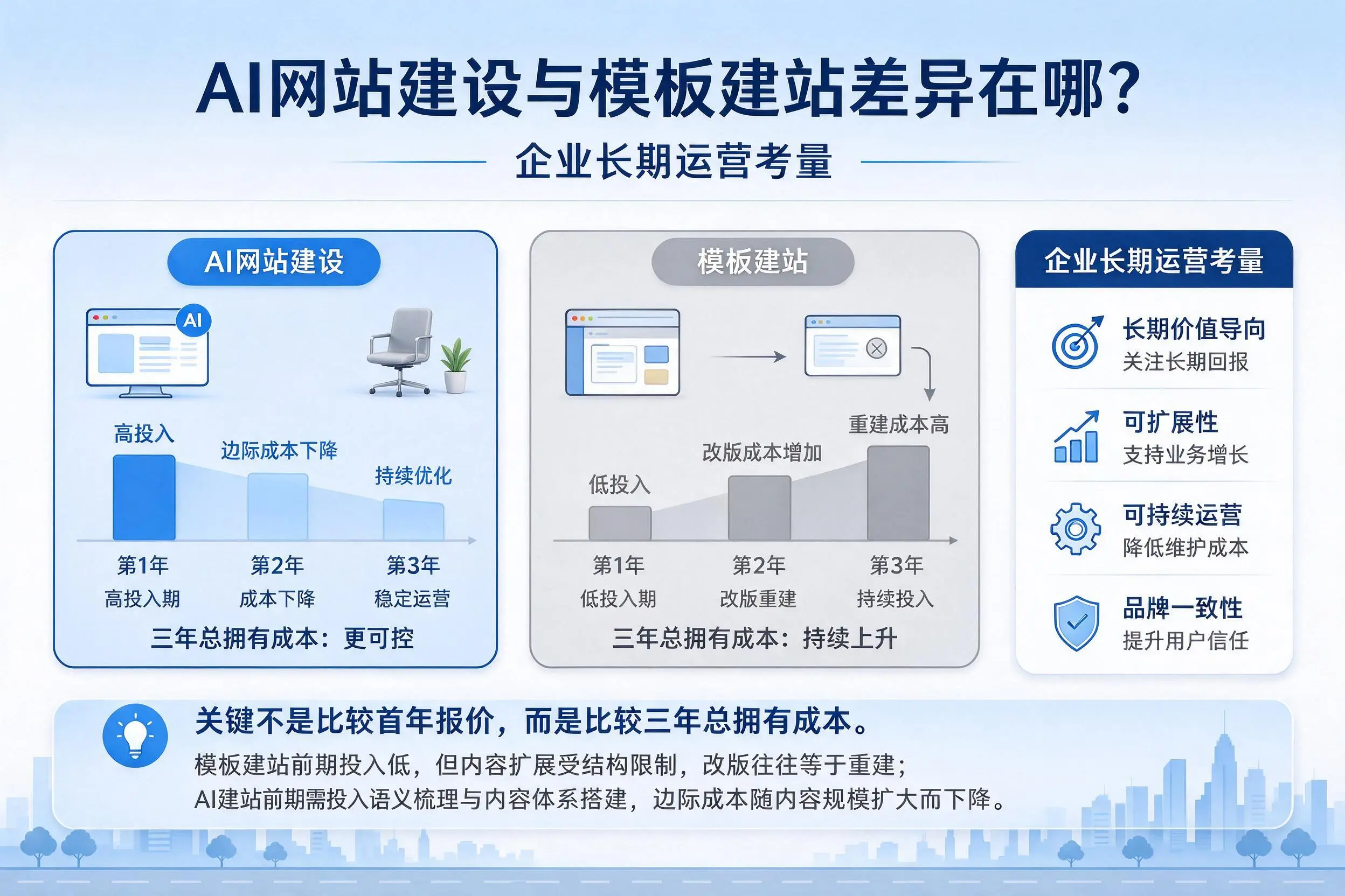 AI网站建设与模板建站差异在哪?长治企业长期运营考量